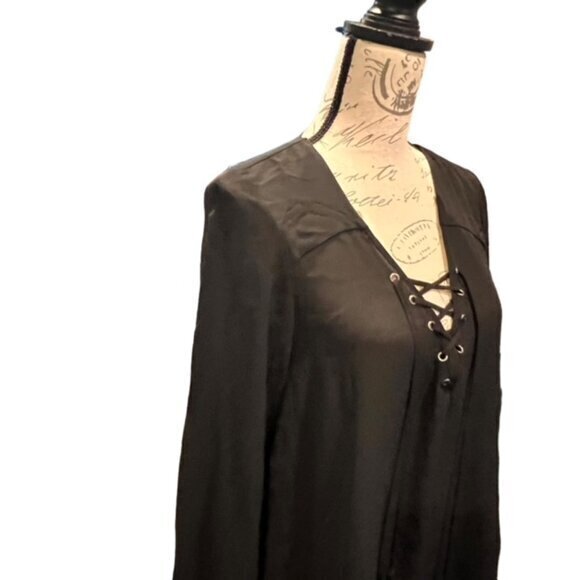NWT Zac & Rachel Black Long Sleeve Blouse Size Small Lace Up Neckline Sheer Flow - Picture 4 of 15
